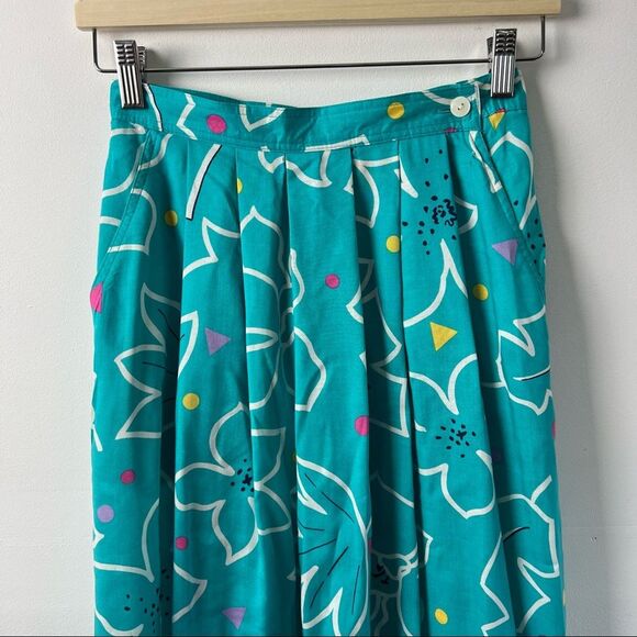 Chaus Vintage 80s Skirt MIDI Teal Vaporwave Polka Dot Flowers Womens Size 8 - Picture 4 of 11